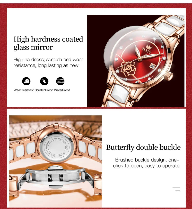 OLEVS 3606 Women's Watch Luxury Quartz Japanese Movement Watch Exquisite Rose Waterproof dial Elegant Ceramic Women's Watch