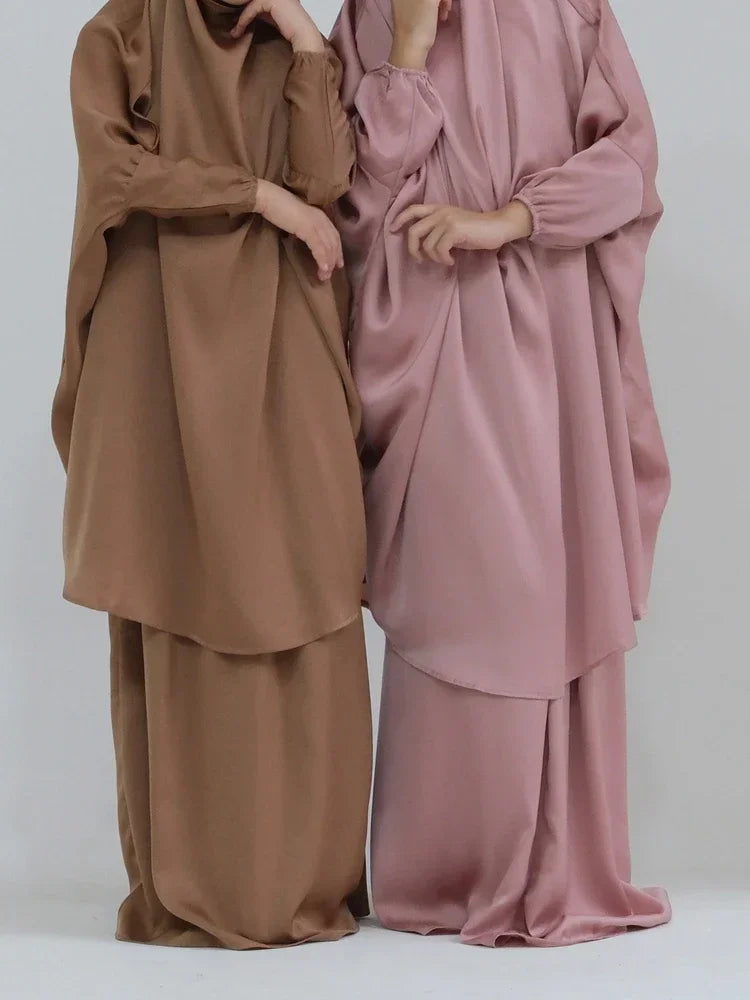 Eid Muslim Long Khimar Dress Kids Girls Abaya Long Khimar Set Prayer Garment Ramadan Dresses 2 Piece Jubha Robe Caftan Jilbab