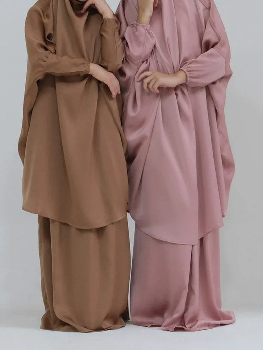 Eid Muslim Long Khimar Dress Kids Girls Abaya Long Khimar Set Prayer Garment Ramadan Dresses 2 Piece Jubha Robe Caftan Jilbab