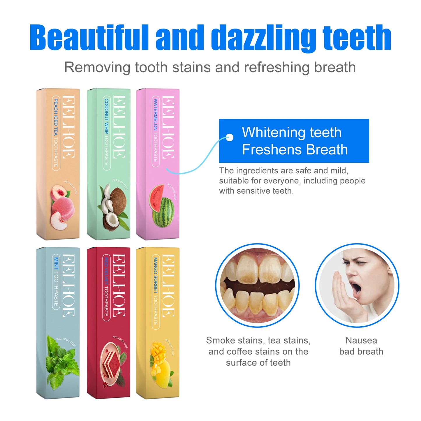 Whitening Toothpaste Various Flavors Remove Stains Clean Teeth Freshen Breath Protect Teeth-Fruity Formula Clean Fresh Mouth