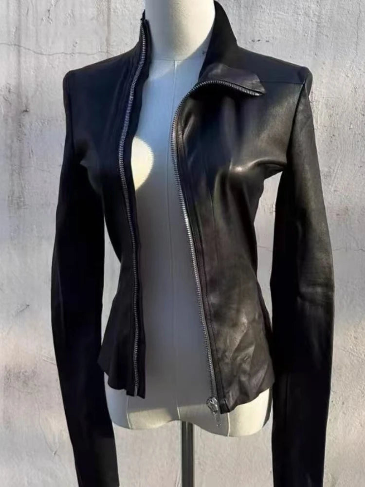 Black Slim Long Sleeve Leather Jacket Women Darkly Gothic Zipper Thin Skinny Coat Female Hepburn Y2k Vintage Clothes Hot Girl