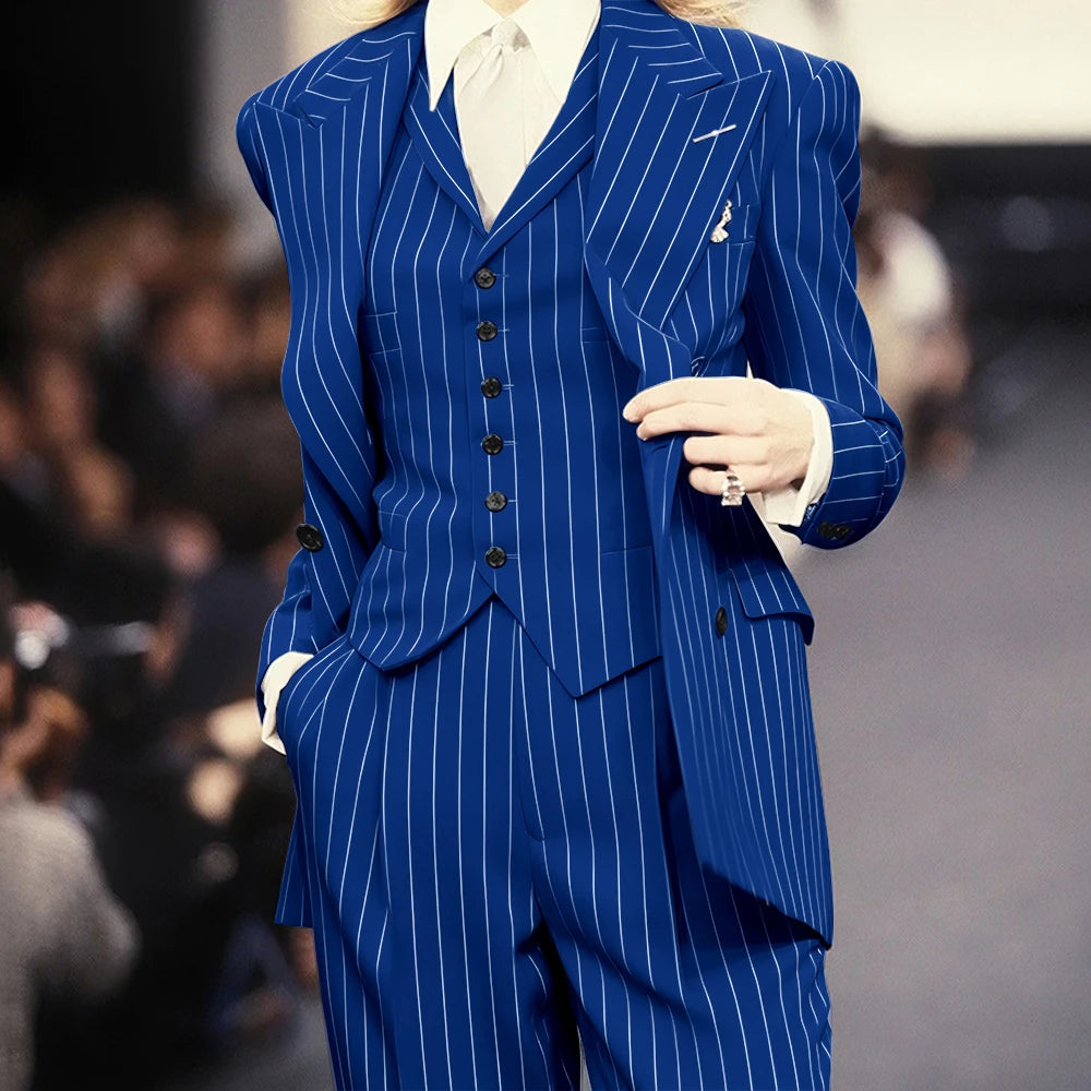 Trending 2025 Brown Striped Women Suit Formal Double-breasted Peaked Lapel 3Pieces (Jacket+Pants+Vest) Business Office Lady Set