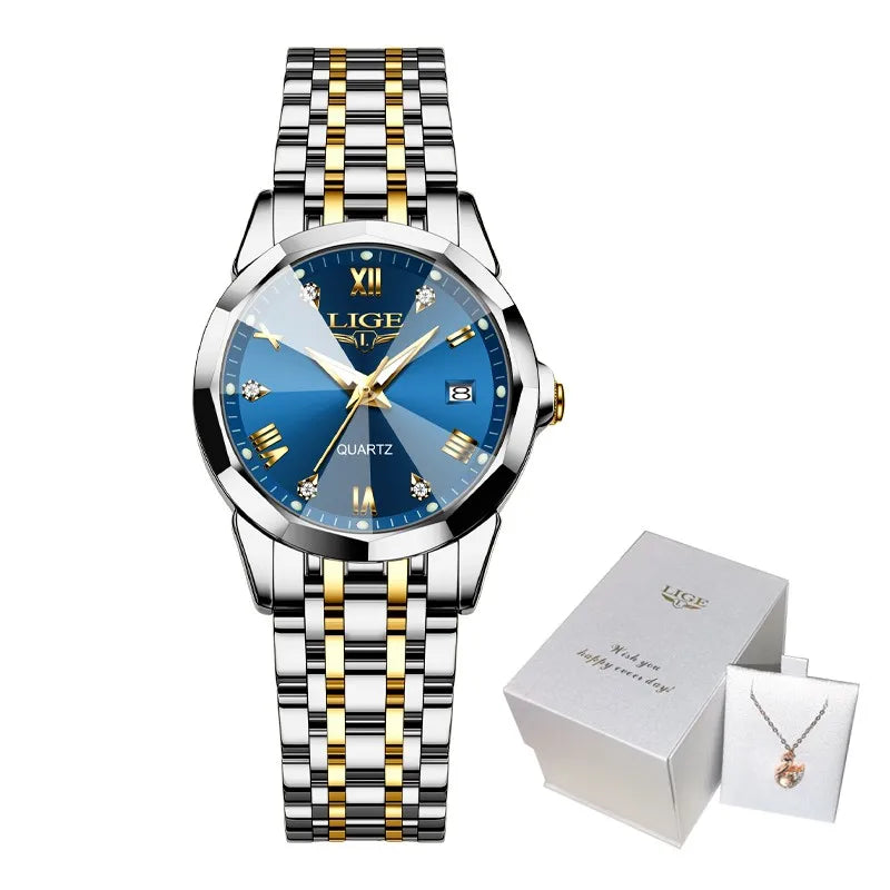 LIGE 2026 Women's Watch Luxury Gift quartz wristwatch Waterproof Calendar Stainless Steel Ladies Luminous Clock montre femme+BOX