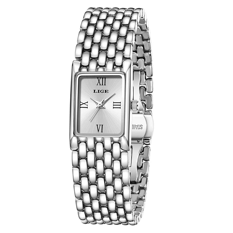 LIGE Watch Women Fashion Casual Luxury Womens Waterproof Square Dial Steel Belt Quartz Wrist Watches Christmas Gifts Reloj Mujer
