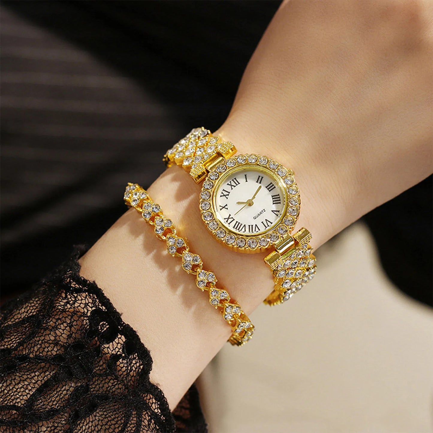 Rose Gold Watch Luxury Rhinestone Fashion Women Ladies Quartz 2pcs Elegant Diamond Wristwatch Female Bracelet Set Gift Watches