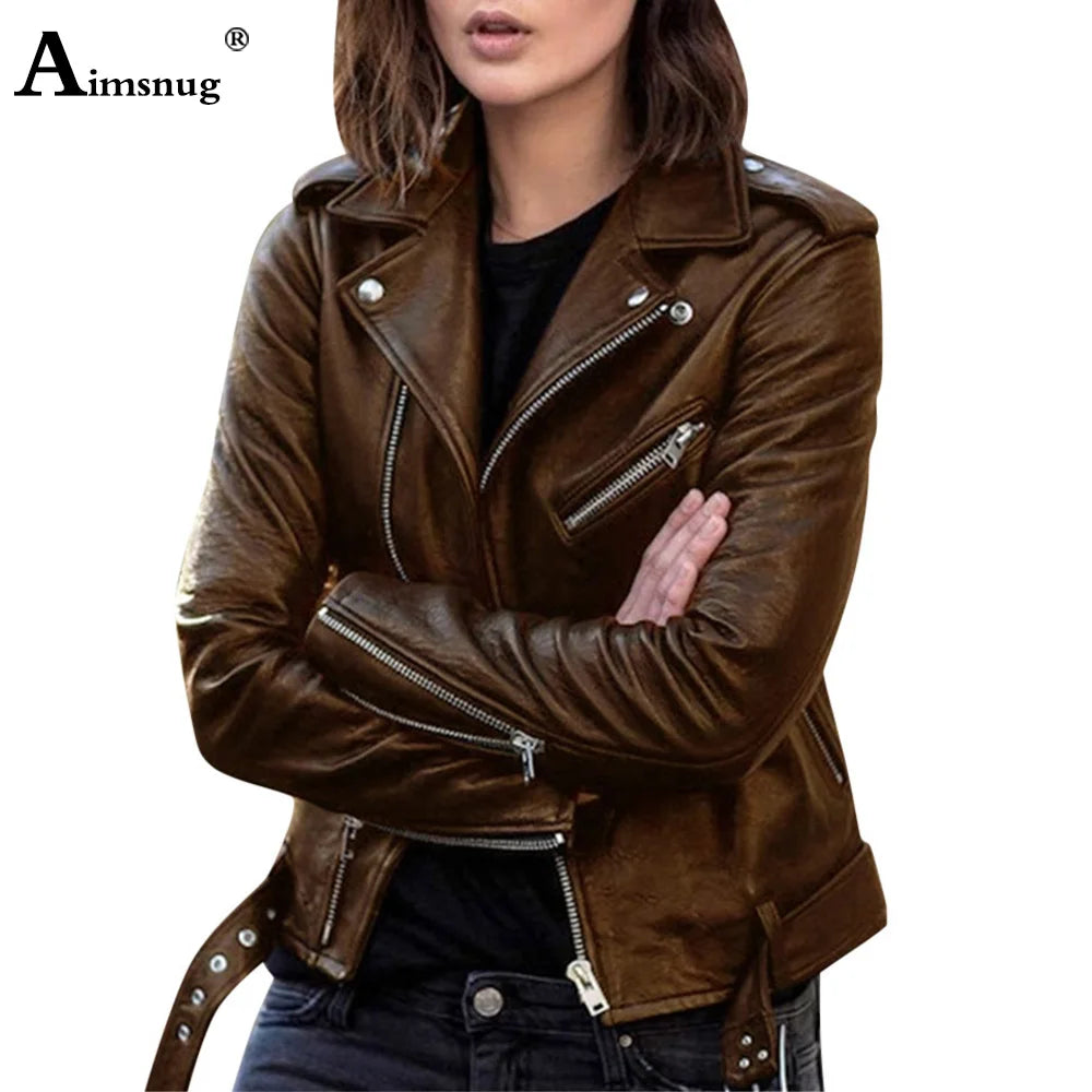 Motorcycle Faux Pu Leather Jackets 2026 Spring Autumn Fashion Zip up Top Outerwear Lady Basic Coats Plus Size Female Jackets New