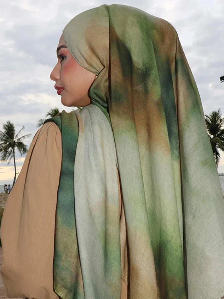 Gradient Green Watercolour Floral Printed Modal Breathable Light Weight Soft Cotton Rayon Viscose Woven Modal Muslim Women Shawl
