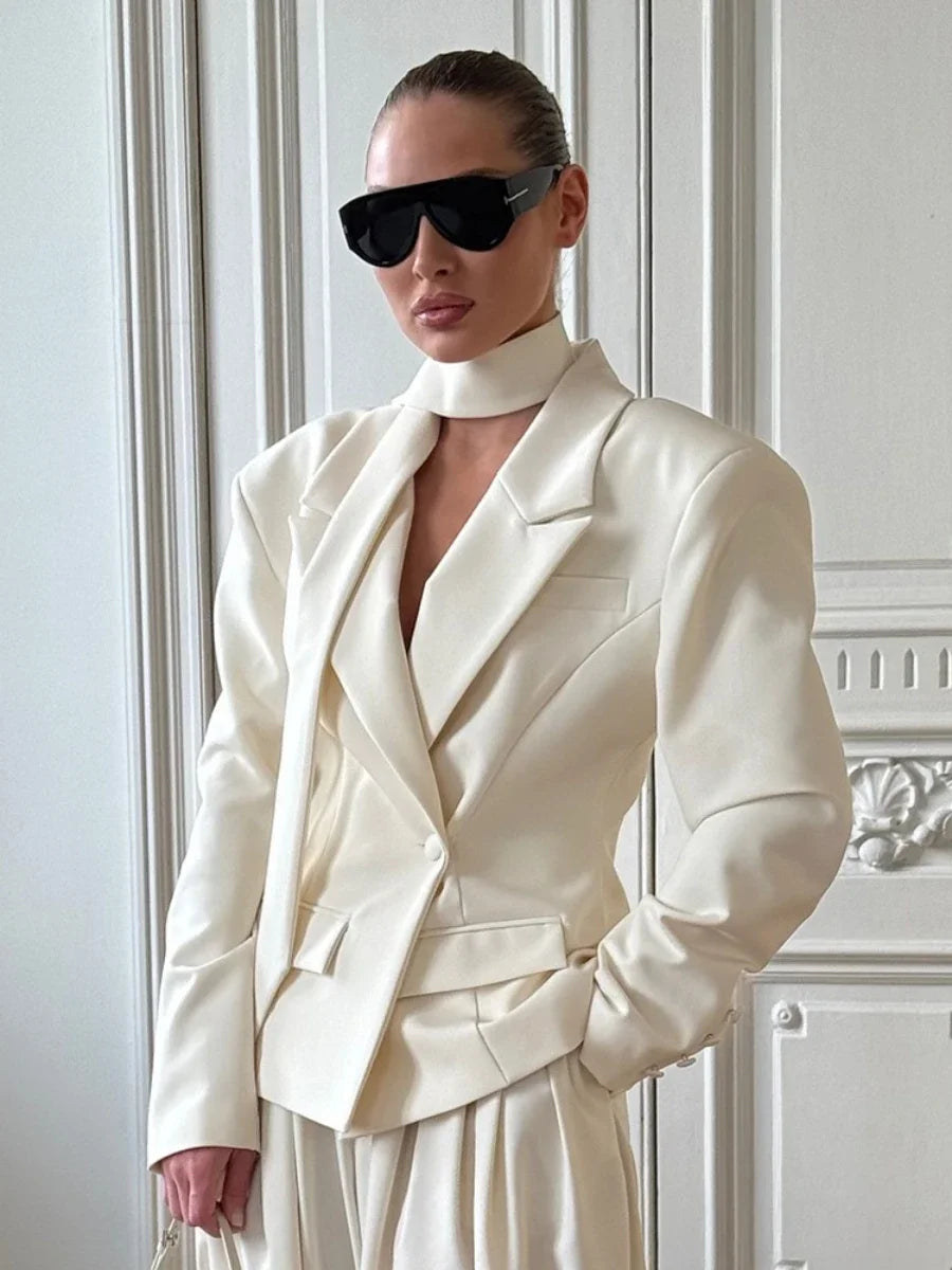 Wolfeel Women's Belted Neckline Tie Blazer Autumn Winter New Structured Shoulders Short Jacket Elegant Office Commuting Suits