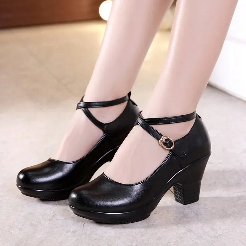 New 2025 Fashion Women Pumps With High Heels For Ladies Work Shoes Dancing Platform Pumps Women Genuine Leather Shoes Mary Janes