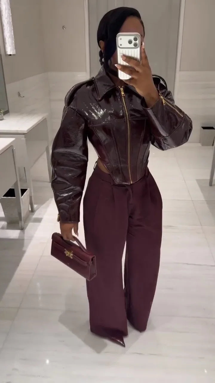 Women Retro Coated Cinched-waist Leather Jacket Lady Casual Lapel Full Sleeve Zipper Fishbone Coat 2026 Spring Daily Street Wear