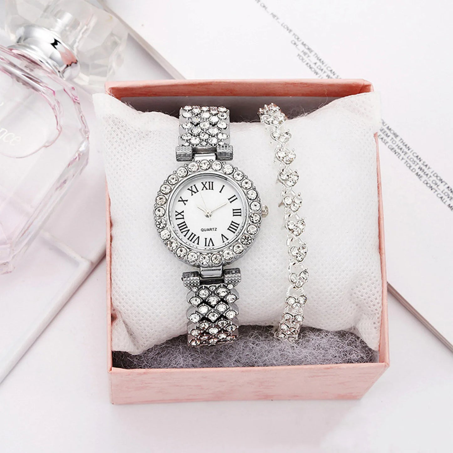 Rose Gold Watch Luxury Rhinestone Fashion Women Ladies Quartz 2pcs Elegant Diamond Wristwatch Female Bracelet Set Gift Watches