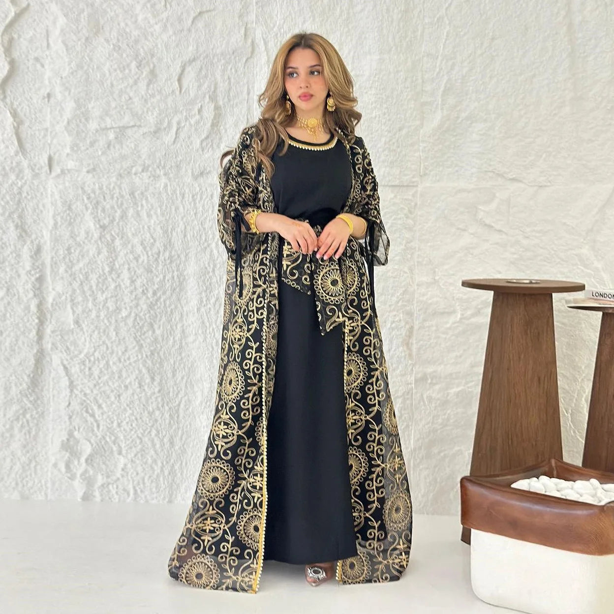 Jalabiya Muslim Dress Middle East Woman Robe Two-piece Set Saudi Arabia Dubai Abaya  Evening Dresses Real Picture