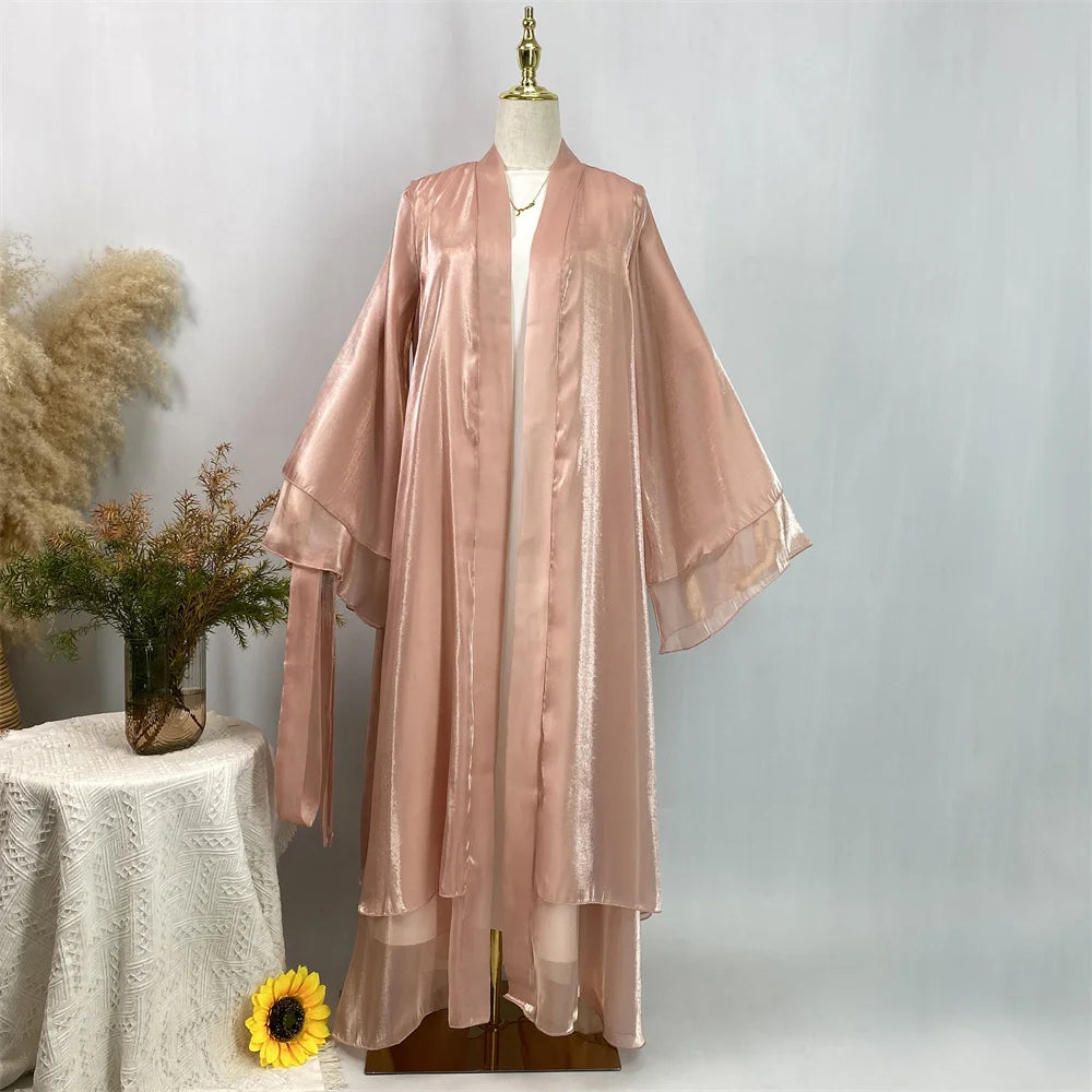 Muslim Women Clothing Abaya Dubai Luxury Shiny Silk Loose Sleeves Islam Modesty Robe Elegant Black Kaftan With Belt Kebaya