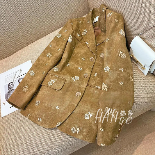 Spring and Autumn 2025 Loose New Rose Print Design Retro Season Casual Top Blazer  jacket women blazer