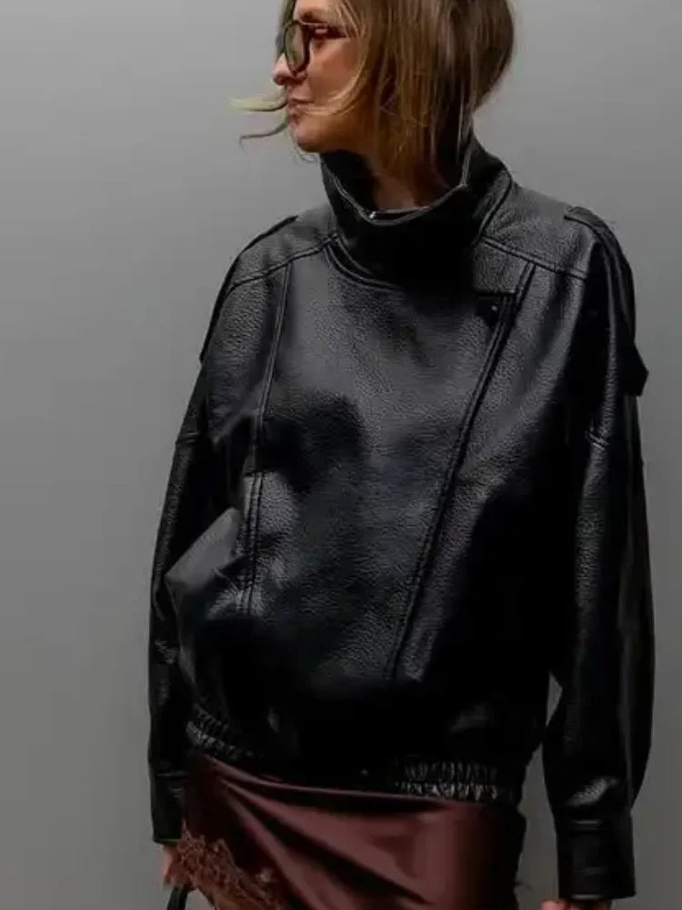 Fashion Stand Collar Leather Jacket Women Solid Long Sleeve Lapel Zipper Loose Bomber Coat 2026 Lady Spring Autumn Outerwear