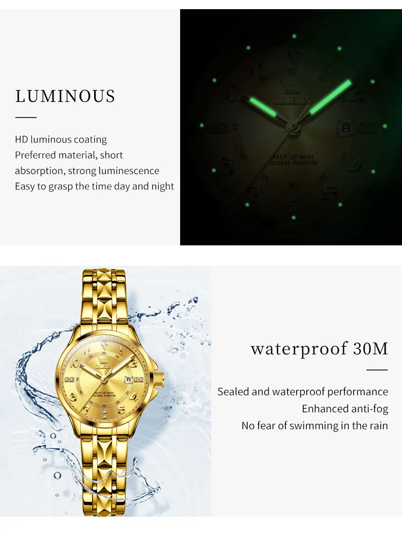 OLEVS 2910 Gold Luxury Brand Women's Watches Waterproof Luminous Wristwatch Date Original Certified Brand Quartz Watch for Lady