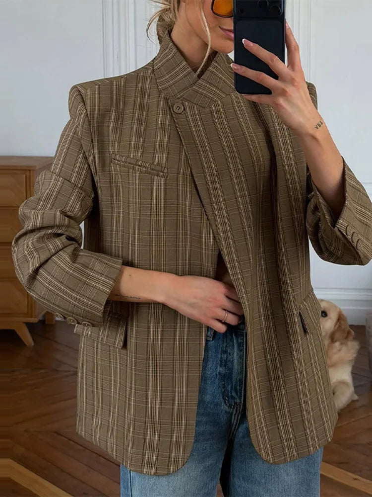 Fashion Women's Blazer Stand Collar Full Sleeve Single Button Female Plaid Blazers 2026 Spring New Chic Casual Commute Lady Coat