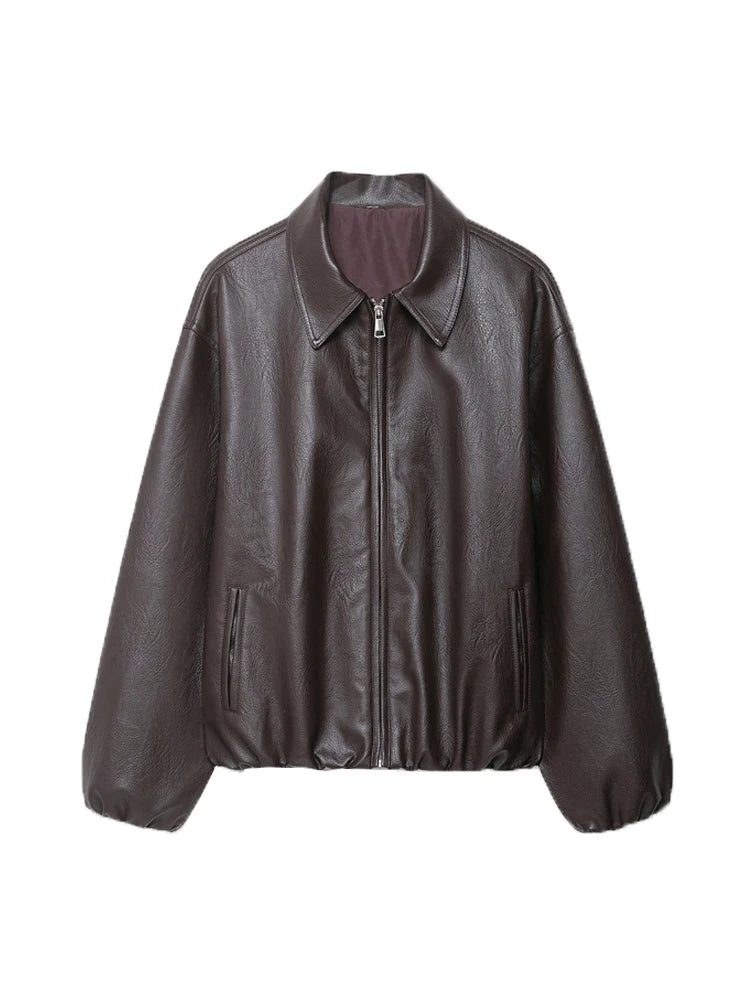 Women's Faux Leather Bomber Jacket Long Sleeve Chic Outerwear Elastic Hem Female Fashion Top