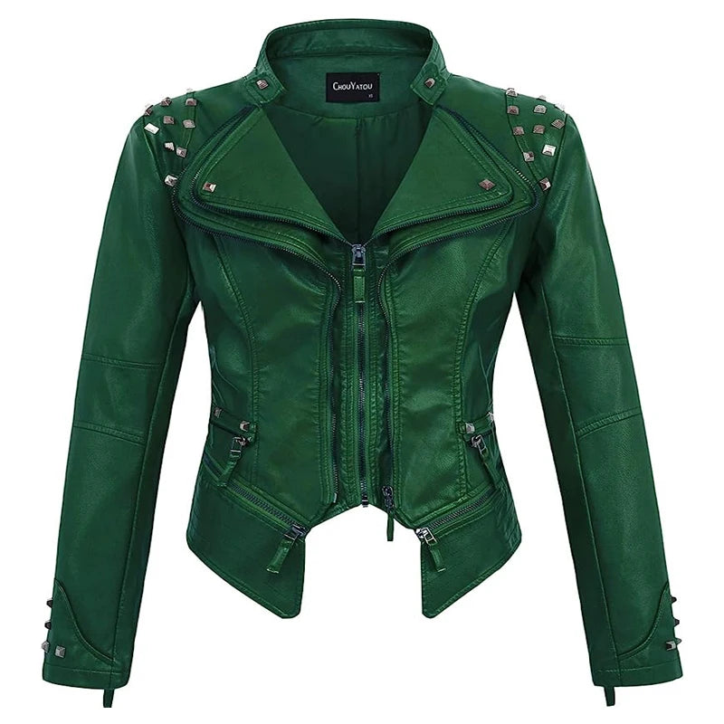 Spring New Style Suit Collar Rivet Waist Short Washed Pu Leather Jacket
