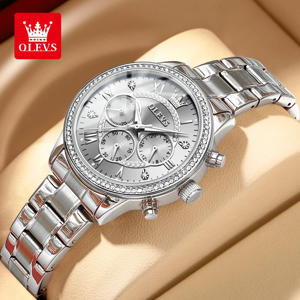OLEVS Women's Watches Top Brand Luxury Original Quartz Watch for Ladies Chronograph Waterproof Luminous Rhinestone Dial 24 Hour