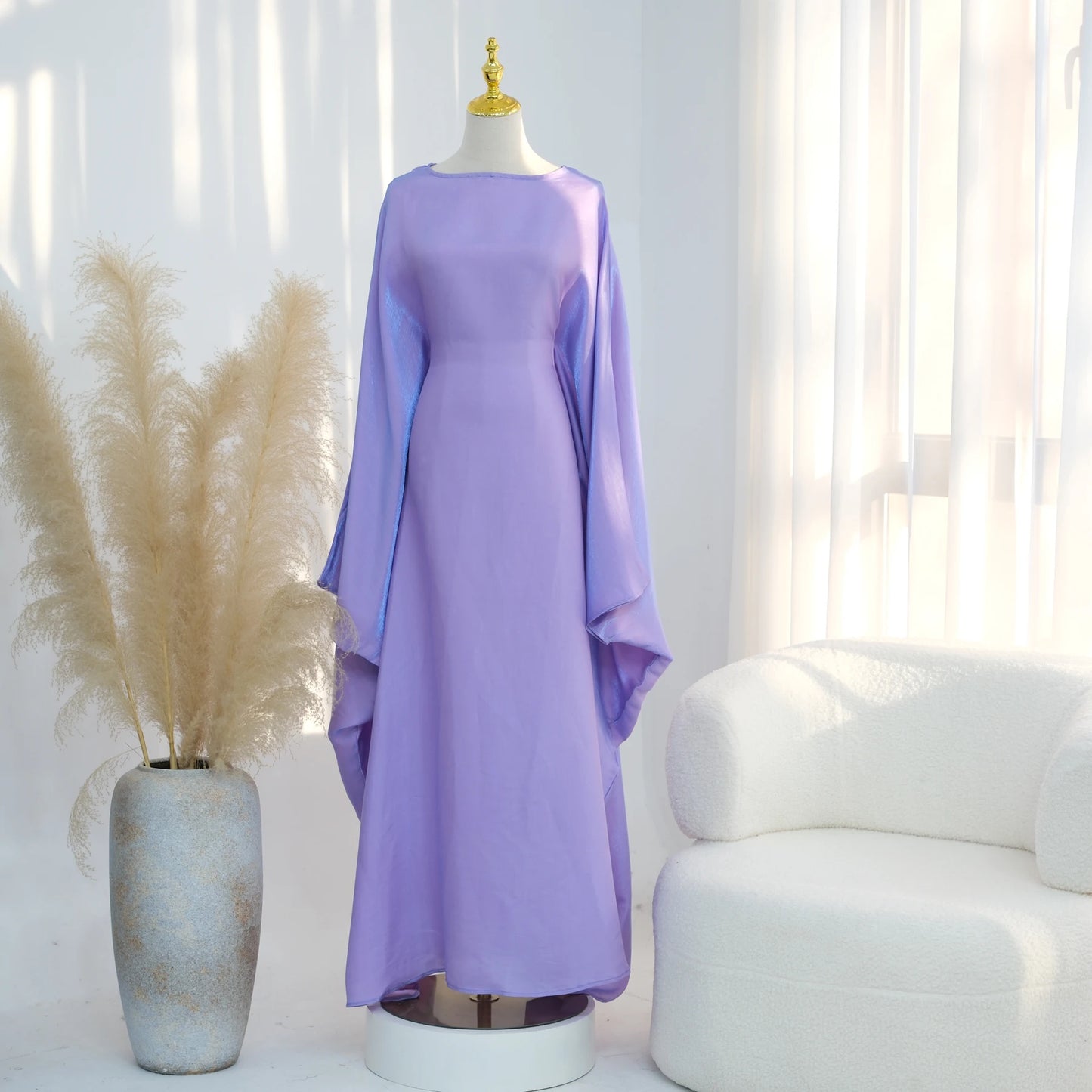 Ramadan Eid Evening Party Shiny Kaftan Dress for Women, Butterfly Sleeves Round Neck Muslim Women Abaya Dubai Islamic Clothing