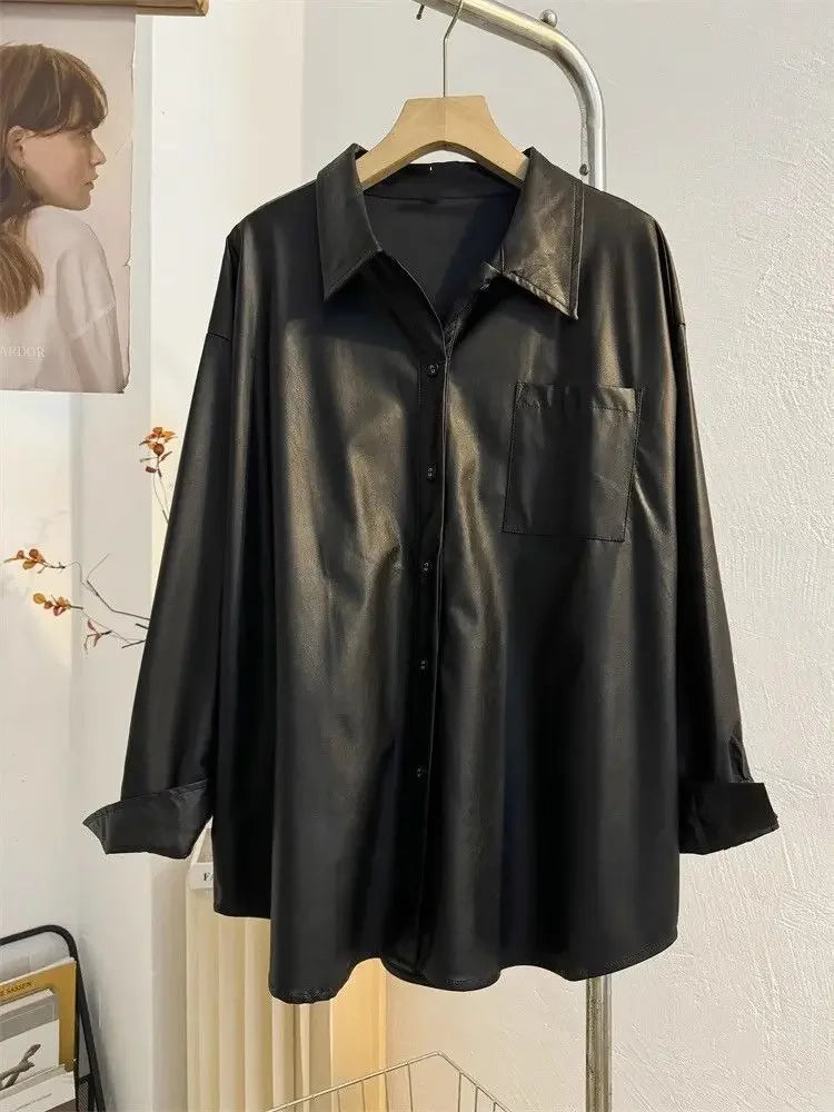 Retro black washed leather shirt jacket for women's 2024 autumn and winter design, loose Hong Kong style casual temperament top