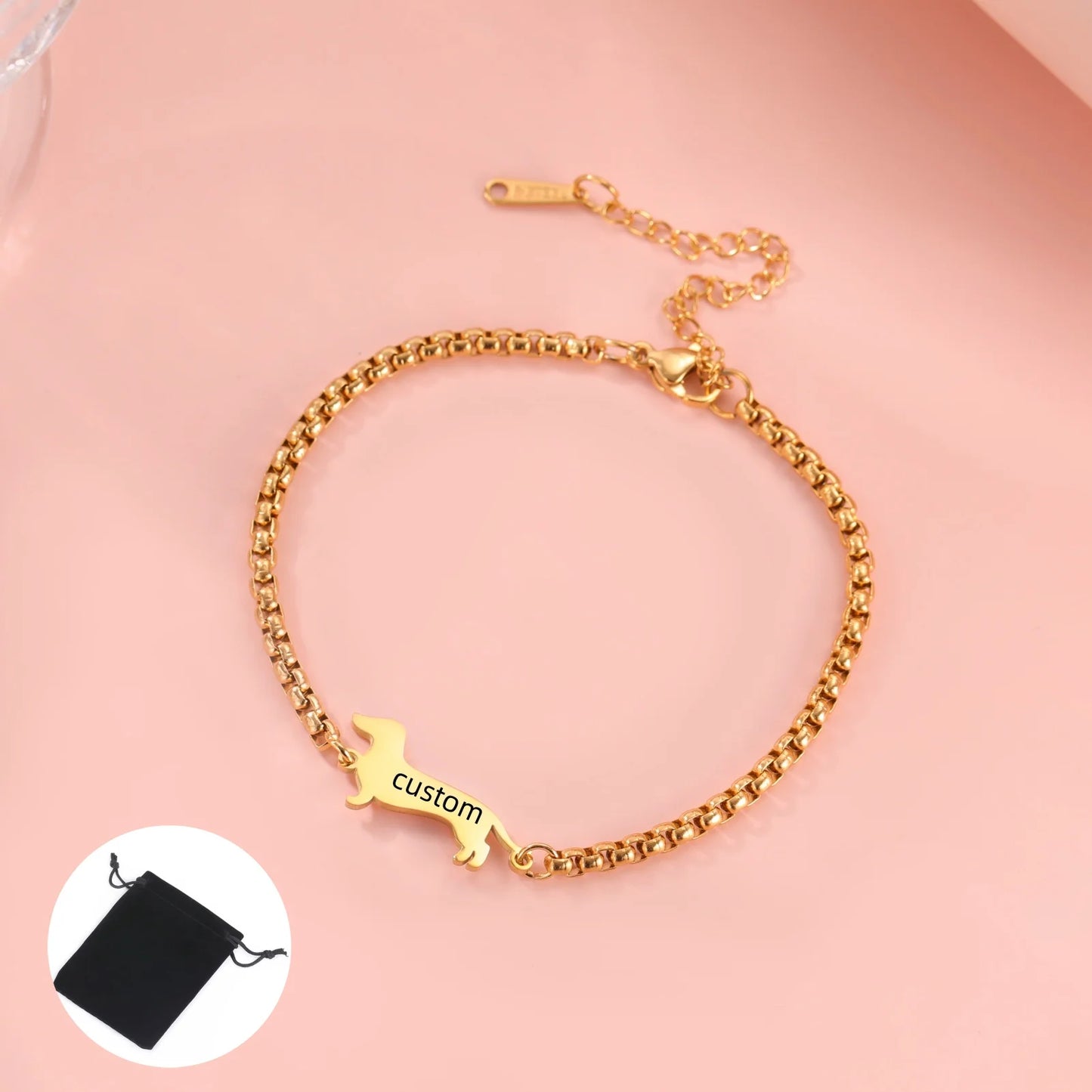 Customized Name Date Sausage Dog Charm Bracelet Stainless Steel Personalized Pet Sausage Dog Bracelet Jewelry Gift