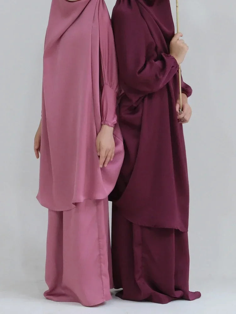 Eid Muslim Long Khimar Dress Kids Girls Abaya Long Khimar Set Prayer Garment Ramadan Dresses 2 Piece Jubha Robe Caftan Jilbab