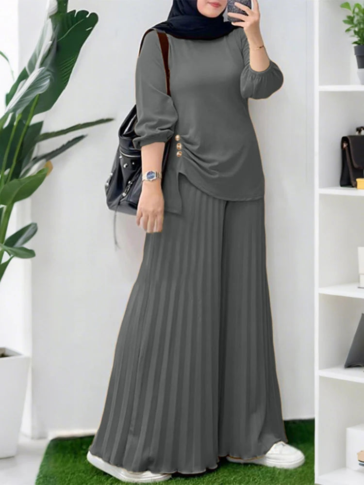 ZANZEA Women 2025 Autumn Matching Sets Casual Long Sleeve Tops Trousers Suit Muslim Outfits 2 Pieces Sets Solid Loose Tracksuit