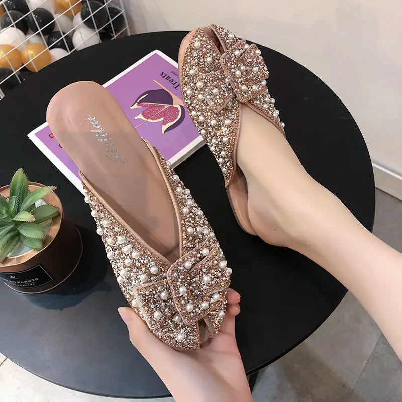 New Summer Women Crystal Slippers 2025 Girls Sweet Bows Bling Slippers Closed Toe Slip On Mules Shoes Casual Slides Flip Flop