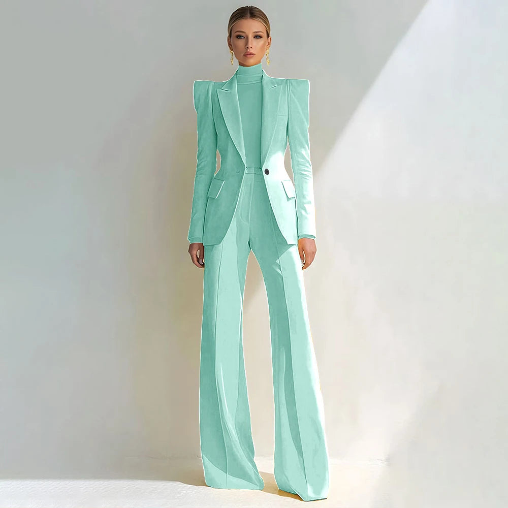 Professional Women's Red Suit Peaked Lapel Single Button Female Elegant Blazer and Flared Pants 2Piece Set Formal Office Wear