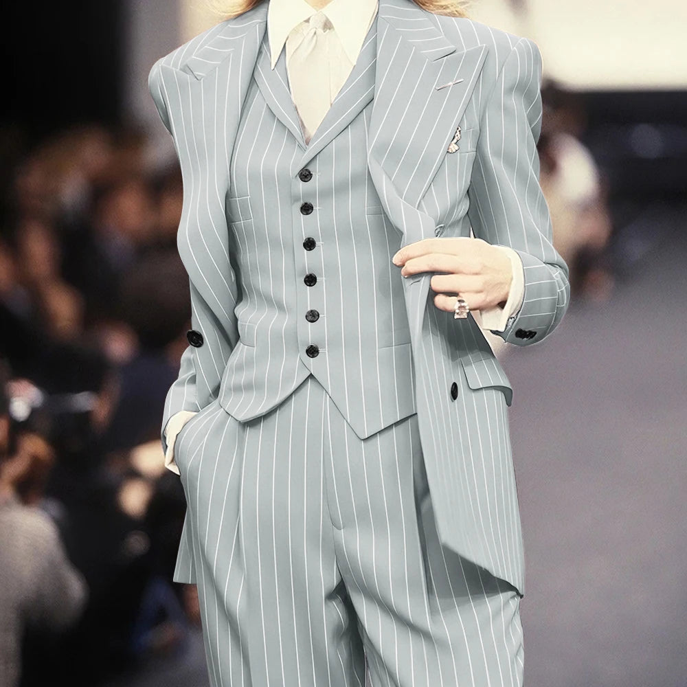 Trending 2025 Brown Striped Women Suit Formal Double-breasted Peaked Lapel 3Pieces (Jacket+Pants+Vest) Business Office Lady Set