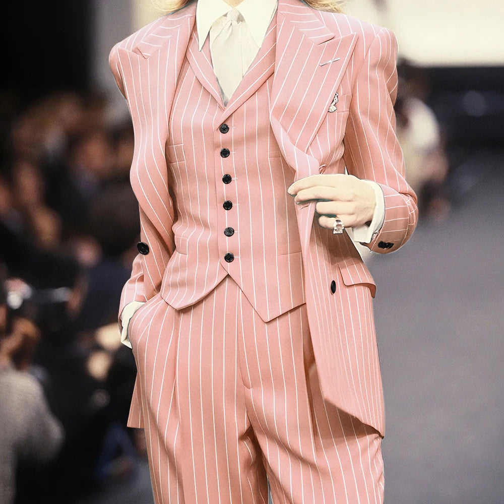 Trending 2025 Brown Striped Women Suit Formal Double-breasted Peaked Lapel 3Pieces (Jacket+Pants+Vest) Business Office Lady Set