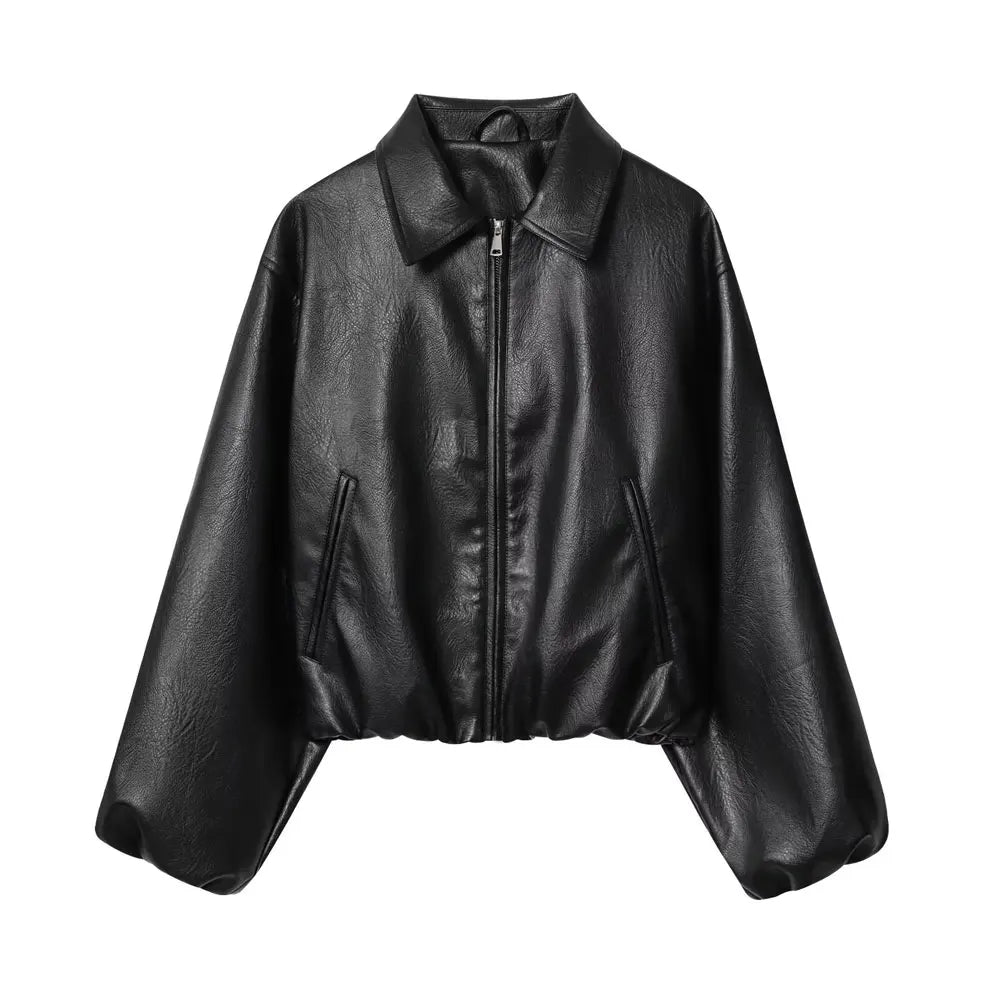 Women's Faux Leather Bomber Jacket Long Sleeve Chic Outerwear Elastic Hem Female Fashion Top