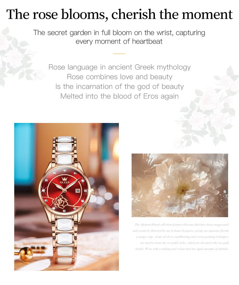 OLEVS 3606 Women's Watch Luxury Quartz Japanese Movement Watch Exquisite Rose Waterproof dial Elegant Ceramic Women's Watch