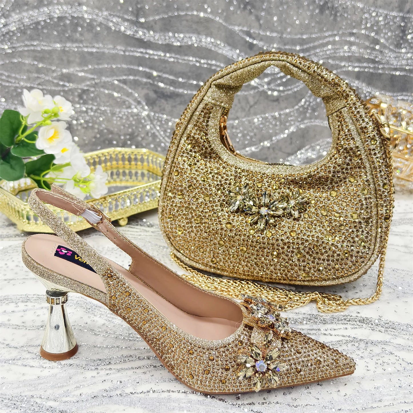 Venus Chan Olive-Green Pointed-Toe Women's High Heels Shoes and Bags for Party Rhinestone Evening Elegant Luxury Handbag