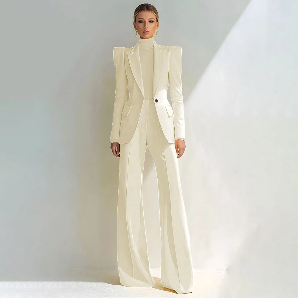 Professional Women's Red Suit Peaked Lapel Single Button Female Elegant Blazer and Flared Pants 2Piece Set Formal Office Wear