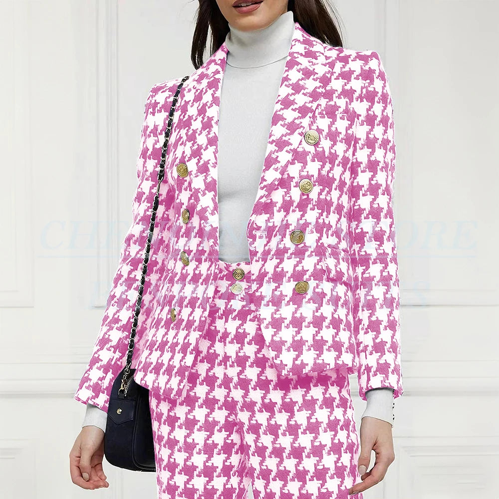 Luxury Double Breasted Women Suits Blazer Peak Lapel Houndstooth Outerwear Elegant Female 2 Piece Jacket Pants Sets Clothing