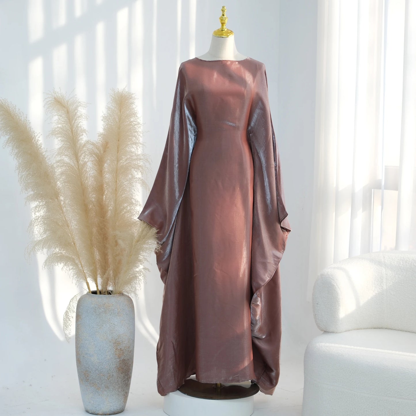 Ramadan Eid Evening Party Shiny Kaftan Dress for Women, Butterfly Sleeves Round Neck Muslim Women Abaya Dubai Islamic Clothing
