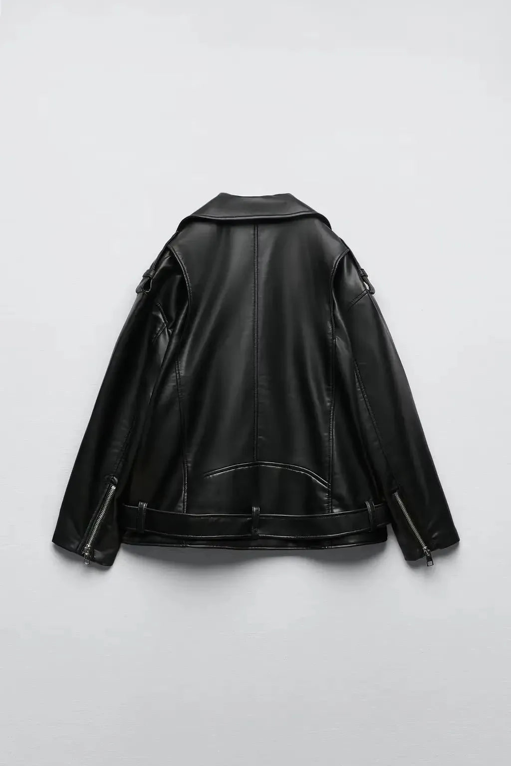 BBWM Pu Faux Leather Jacket with Belt Spring Autumn Female Zipper Coat Outwear Women's Loose Motorcycle Biker Black