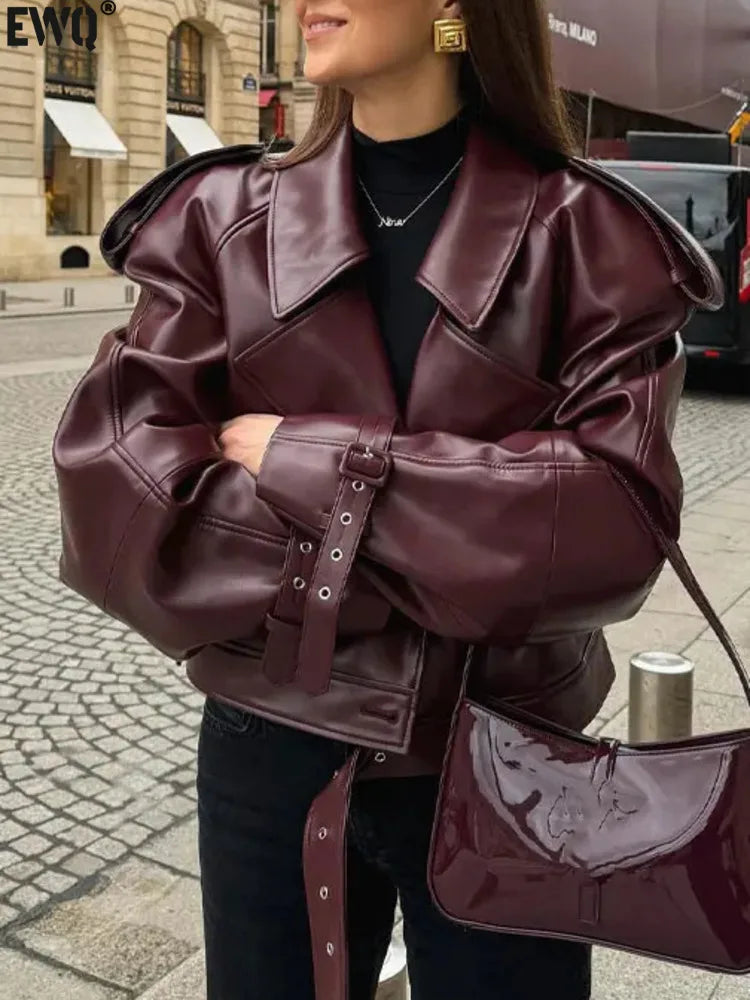 [EWQ] American Vintage Long Sleeve Short PU Leather Jacket Moto Style Burgundy Women Biker Coats 2024 Autumn New Fashion 16O2287