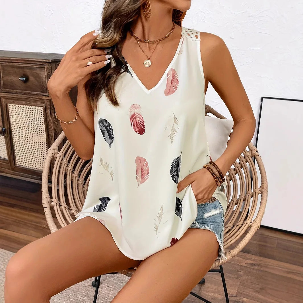 Hollow out Tank Top Sleeveless Perspective  Feather Flower Print Spaghetti Strap Tank Top Women New Back Lace Halter Neck Summer