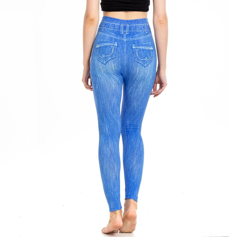 Skinny High Waisted Leggings Women Imitation Jeans Yoga Pants Fashion Printed Elastic Shapewear Fitness Jogging Cycling Tights