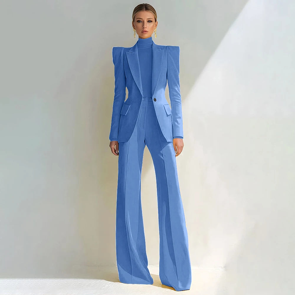Professional Women's Red Suit Peaked Lapel Single Button Female Elegant Blazer and Flared Pants 2Piece Set Formal Office Wear