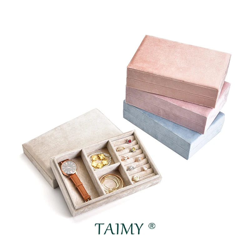 TAIMY Luxury Velvet Travel Portable Custom Logo Jewelry Tray With Lid Desktop Ring Bracelet Watch Storage Box Display Packaging