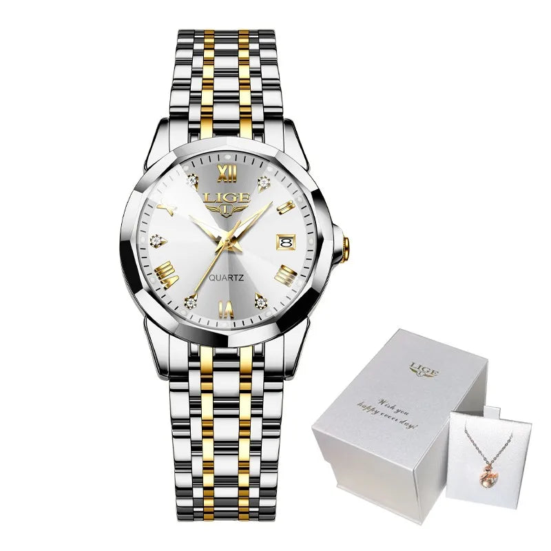 LIGE 2026 Women's Watch Luxury Gift quartz wristwatch Waterproof Calendar Stainless Steel Ladies Luminous Clock montre femme+BOX