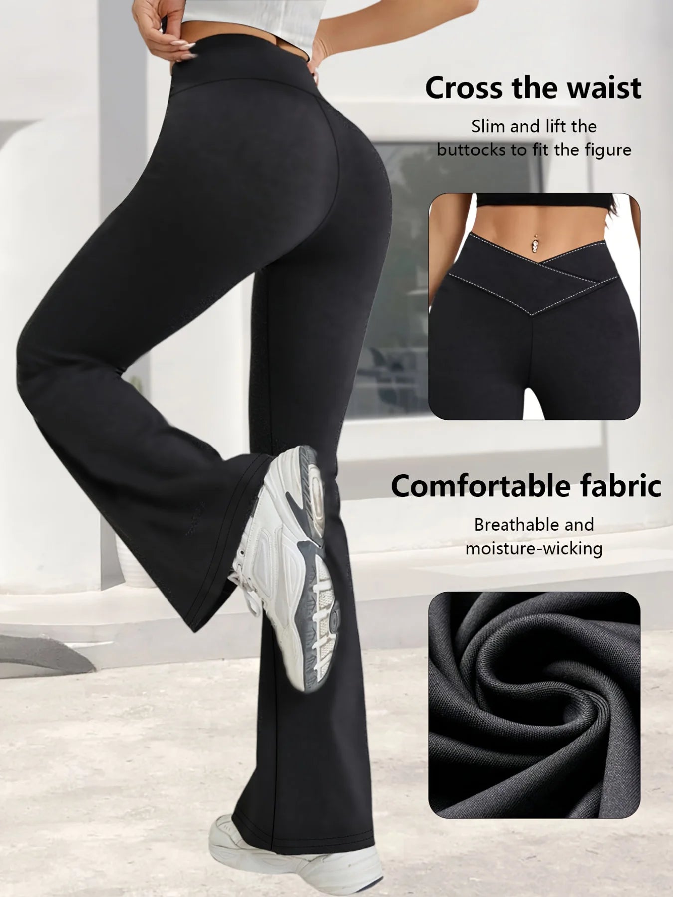 A Spring Black Leggings With High Waist Elasticity, Slightly Flared Hems, Cross Waist Design, Suitable For Casual Sports