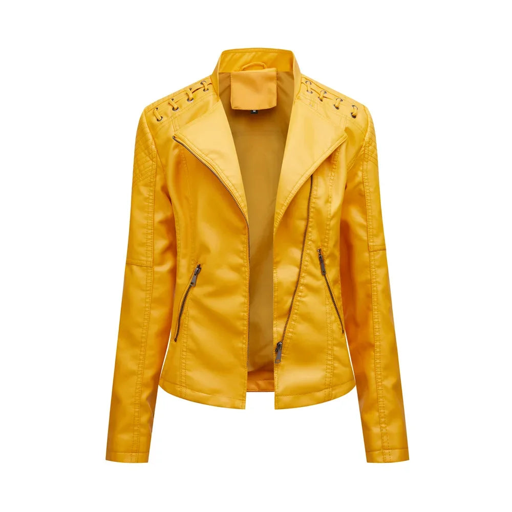 Spring Autumn Short Section Long Sleeve Zipper Jacket Slim Faux Leather Jacket Casual Solid Color Fashion Jacket Loose Outwear