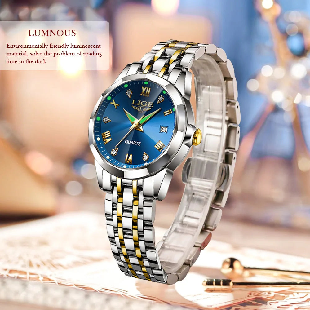 LIGE 2026 Women's Watch Luxury Gift quartz wristwatch Waterproof Calendar Stainless Steel Ladies Luminous Clock montre femme+BOX