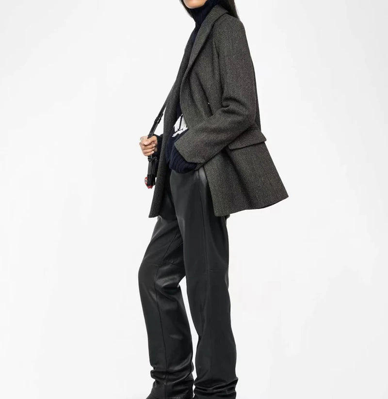 Autumn and winter new wool herringbone tweed blazer, slim fit with a British style, naturally structured texture